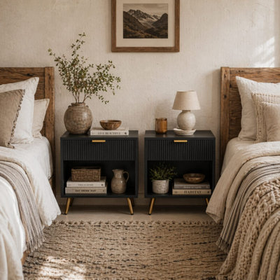 Sota Sola Set of 2 Black and Gold Ribbed Bedside Tables with Drawer and ...