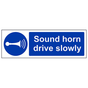 Sound Horn Drive Slowly Road / Warehouse Safety Sign - Rigid Plastic - 450x150mm (x3)