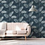 South Beach Palm Leaf Wallpaper Navy Blue Fine Decor FD42681