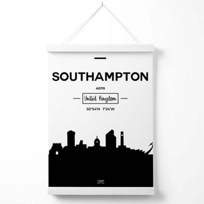 Southampton Black and White City Skyline Poster with Hanger / 33cm / White