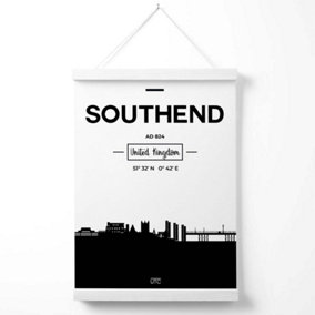 Southend Black and White City Skyline Poster with Hanger / 33cm / White