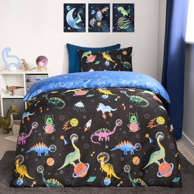 Space Duvet Cover Bedding Set Pillowcases Dino Reversible Quilt, Navy - Junior