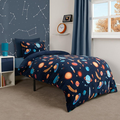 Space Duvet Cover Bedding Set Quilt Cover Warm Fleece Thermal, Navy - Double