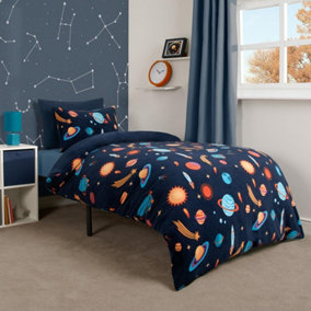 Space Duvet Cover Bedding Set Quilt Cover Warm Fleece Thermal, Navy - Double