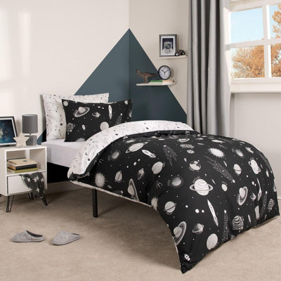 Space Duvet Cover Set Quilt Bedding with Pillowcases Reversible, Black - Junior