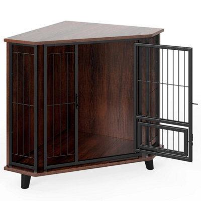 Space Saving Corner Dog Crate Cage with Built-In Feeding Door