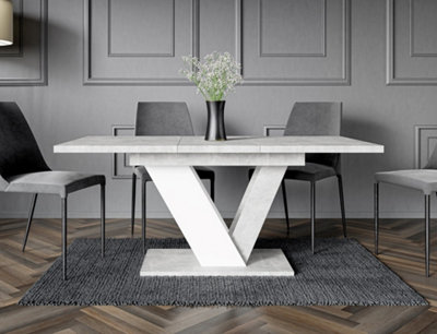 Space Saving Dining Table Extendable Pedestal V Leg White Grey Marble Effect Bai