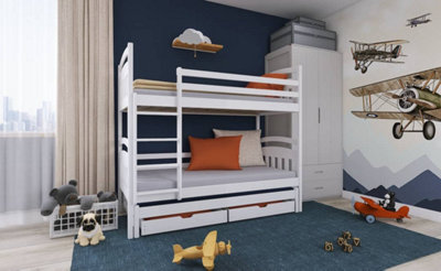 Space-Saving White Matt Bunk Bed with Trundle & Integrated Storage (H1640mm x W1980mm x D980mm)