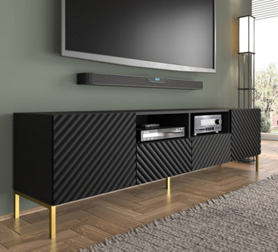 Spacious Black Matt TV Stand SURF 2D2S with Gold Accents - (H)560mm (W)2000mm (D)420mm