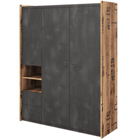 Spacious Fargo Hinged Wardrobe with Drawers and Shelves in Raw Steel & Canyon Alpine Spruce (W1500mm x H1900mm x D520mm)