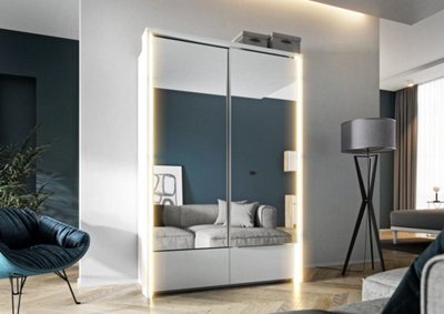 Spacious Taya I Mirrored Sliding Door Wardrobe with LED Lighting - White Matt(H)2190mm (W)1500mm (D)630mm