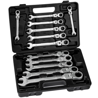 Spanner Set - 12-piece, combination spanner with flexible ratchet joint heads - black