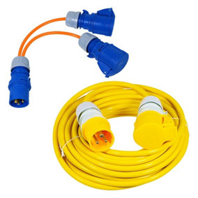 SPARES2GO 16A Extension Lead 14m 110V 1.5mm Extra Long Yellow Power Cable + 2 x 16 Amp Splitter Kit