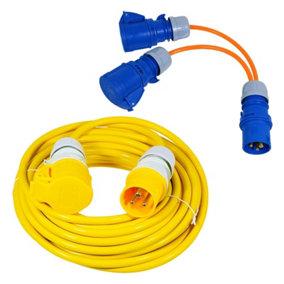 SPARES2GO 16A Extension Lead 14m 110V 2.5mm Heavy Duty Yellow Power Cable + 2 x 16 Amp Splitter Kit