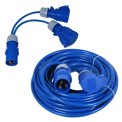 SPARES2GO 16A Extension Lead 14m 240V 1.5mm Extra Long Blue Power Cable + 2 x 16 Amp Splitter Kit