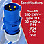 SPARES2GO 16A Extension Lead 14m 240V 1.5mm Extra Long Blue Power Cable + 2 x 16 Amp Splitter Kit