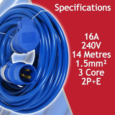 SPARES2GO 16A Extension Lead 14m 240V 1.5mm Extra Long Power Cable Cord 3-Pin 2P+E (Blue)