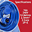SPARES2GO 16A Extension Lead 14m 240V 2.5mm Heavy Duty Blue Power Cable + 2 x 16 Amp Splitter Kit