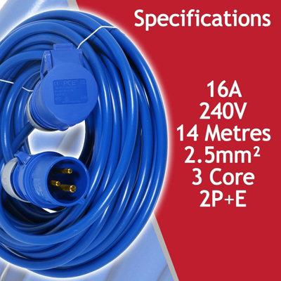 SPARES2GO 16A Extension Lead 14m 240V 2.5mm Heavy Duty Power Cable Cord 3-Pin 2P+E (Blue)