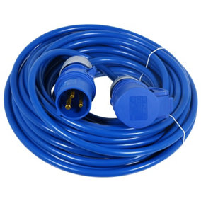 SPARES2GO 16A Extension Lead 14m 240V 2.5mm Outdoor Construction Site Heavy Duty Generator Power Cable (Blue)