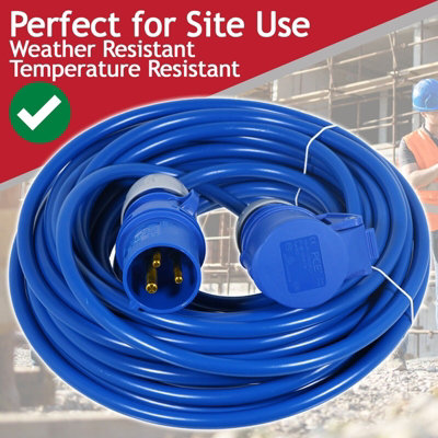 SPARES2GO 16A Extension Lead 14m 240V 2.5mm Outdoor Construction Site Heavy Duty Generator Power Cable (Blue)