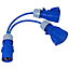 SPARES2GO 16A Splitter Cable 240V Caravan / Motorhome 2 Way Hook Up Y Piece 2 x 16 Amp Sockets (Blue)
