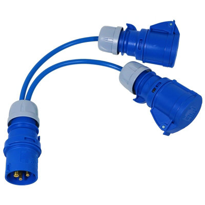 SPARES2GO 16A Splitter Cable 240V Caravan / Motorhome 2 Way Hook Up Y Piece 2 x 16 Amp Sockets (Blue)