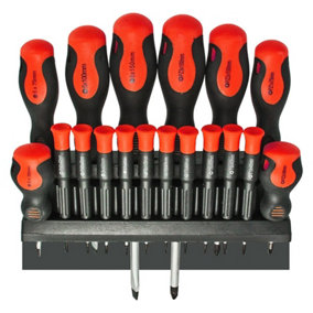 SPARES2GO 18 Piece Large and Small Precision Screwdriver Set (Phillips, Pozi, Flat, Slotted, Torx + Wall Mountable Bracket)