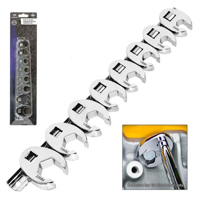 SPARES2GO 3/8" Drive Head Crows Foot Metric Wrench Set (10mm 11mm 13mm 14mm 15mm 17mm 19mm 22mm)