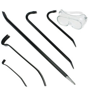 SPARES2GO 5 Piece Crowbar Long Wrecking Crow Bar Steel Flat Large Pry Kit + Safety Goggles