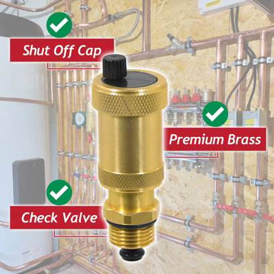 SPARES2GO Auto Air Vent 1/2 compatible with Ideal Central Heating Boiler Systems Brass Automatic Venting with Check Valve
