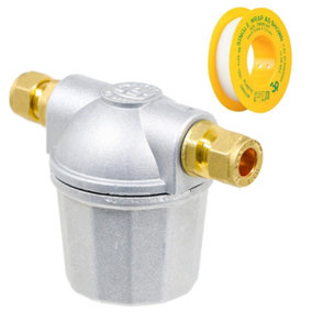 SPARES2GO Boiler Filter 3/8" Aluminium Inline Central Heating Oil Fired Fuel Bowl + PTFE Tape + 2 x 10mm Compression Connectors
