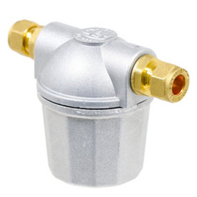 SPARES2GO Boiler Filter 3/8" Aluminium Inline Central Heating Oil Fired Fuel Strainer Bowl + 2 x 10mm Compression Connectors