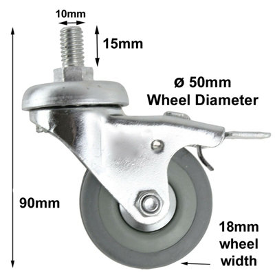 SPARES2GO Castor Wheels 50mm M10 Threaded Trolley Braked Non-Marking Caster x 4 + Nuts