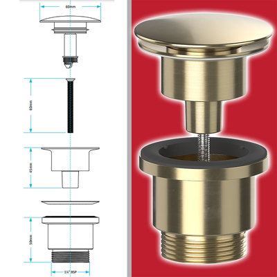 SPARES2GO Clicker Basin Waste Plug 1 1/4" 60mm Click Clack Bathroom Sink Pop Up Push Dome (Brushed Brass)