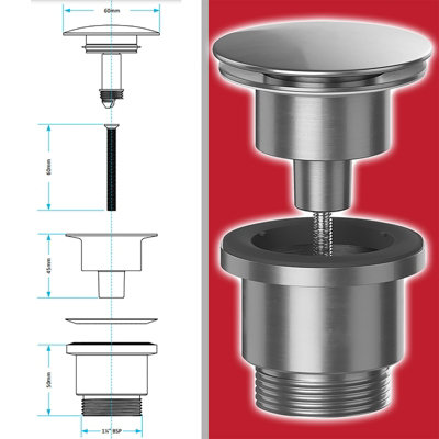 SPARES2GO Clicker Basin Waste Plug 1 1/4" 60mm Click Clack Bathroom Sink Pop Up Push Dome (Brushed Nickel)
