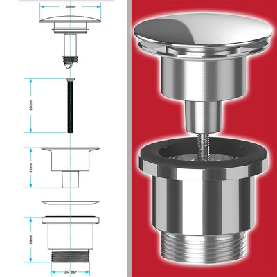 SPARES2GO Clicker Basin Waste Plug 1 1/4" 60mm Click Clack Bathroom Sink Pop Up Push Dome (Gloss Chrome)