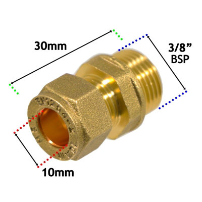 SPARES2GO Compression Connector 10mm x 3/8" BSP Male Straight Brass Pipe Coupler Adaptor Fitting (Pack of 10)