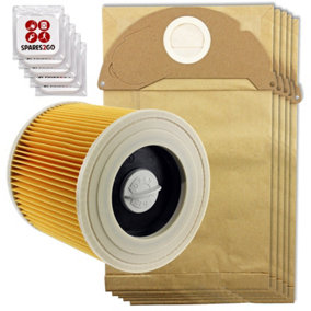SPARES2GO Dust Bags x 5 + Filter Set compatible with KARCHER WD2 IPX4 MV2 Wet & Dry Vacuum