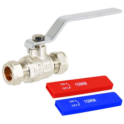 SPARES2GO Full Bore Lever Ball Valve Isolating Stop Tap Kit with Blue (Cold) and Red (Hot) Handle Sleeves (15mm)