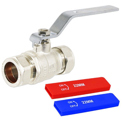 SPARES2GO Full Bore Lever Ball Valve Isolating Stop Tap Kit with Blue (Cold) and Red (Hot) Handle Sleeves (22mm)