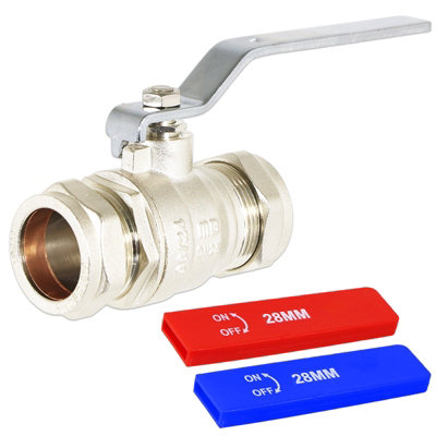SPARES2GO Full Bore Lever Ball Valve Isolating Stop Tap Kit with Blue (Cold) and Red (Hot) Handle Sleeves (28mm)