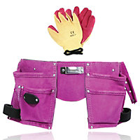 SPARES2GO Gardening Tool Belt Pink Double Leather 11 Pouch Purple Holder Adjustable Suede + Gloves