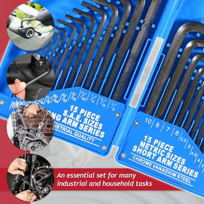 SPARES2GO Hex Key Set 30 Piece Long Short Arm Metric SAE Imperial ...