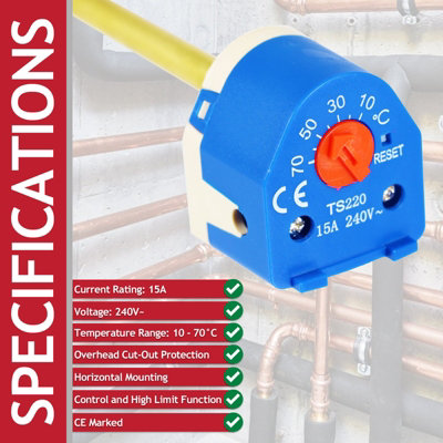 SPARES2GO Immersion Water Cylinder Heater Thermostat Dual Safety