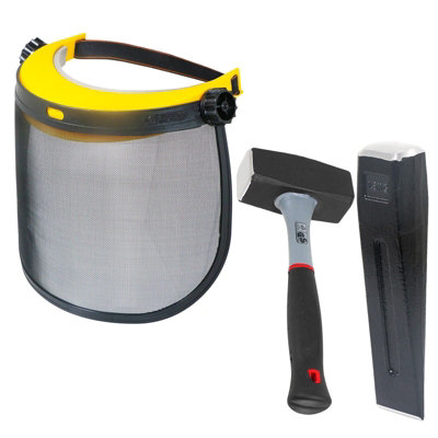 SPARES2GO Log Splitter Safety Kit (Splitting Chisel Wedge + 4lb Lump Hammer + Mesh Visor Shield)