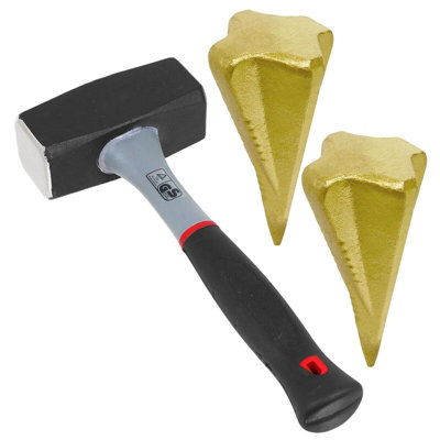 SPARES2GO Log Splitting Hammer Kit (2KG / 4lb Lump Club Mallet + Wood Splitter Maul Wedges x 2)