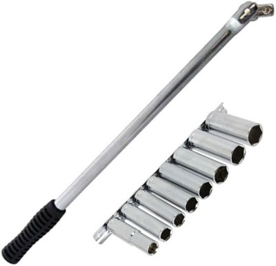 SPARES2GO Long 18" Inch 1/2'' Drive Wheel Balance Flexi Knuckle Breaker Bar & Deep Socket Set