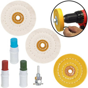 SPARES2GO Metal Cleaning Polishing Buffing Wheel & Compound Polish Kit for Drill 7 Pce Set