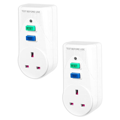 SPARES2GO RCD Safety Plug Single Socket Circuit Breaker Electrical Power Trip Switch Adaptors (Pack of 2, 13A, 230-240V 50Hz)